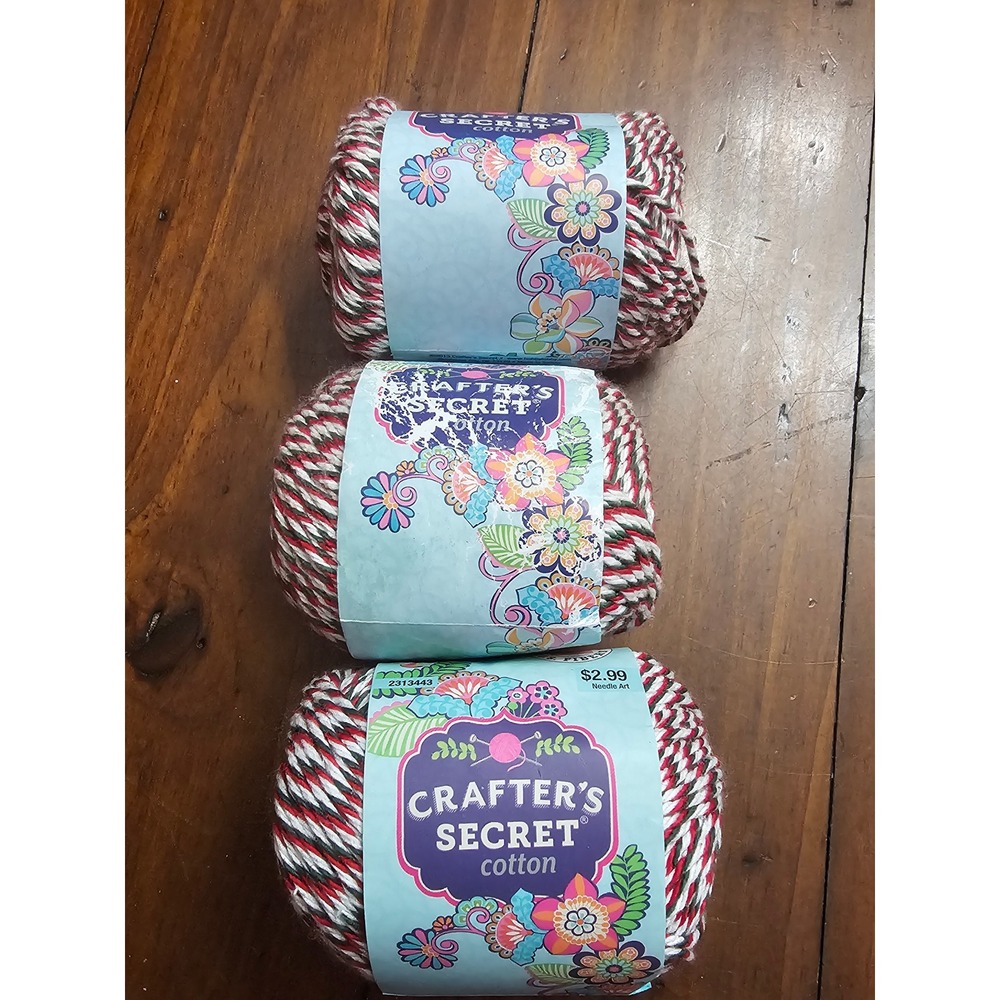 Crafter's Secret Cotton Yarn Holly Jolly 214 Red White Green 3 Skeins Lot